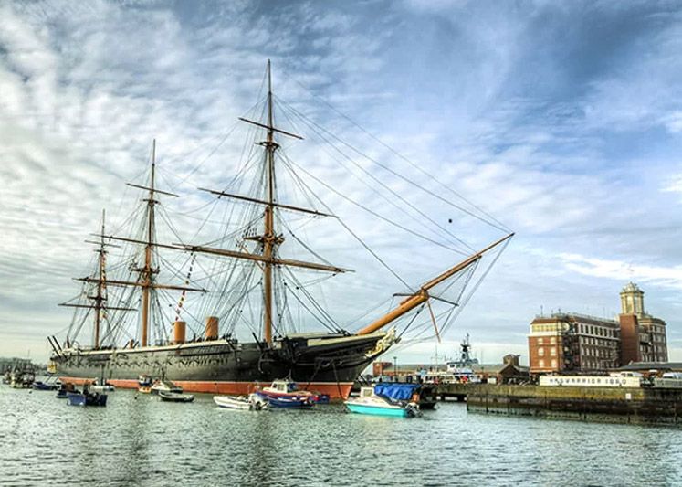 View of HMS Warrior beside Portsmouth Historic Dockyard